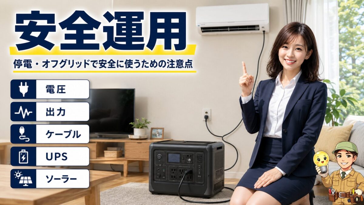 停電時にエアコン用ポータブル電源を安全に運用するための確認場面