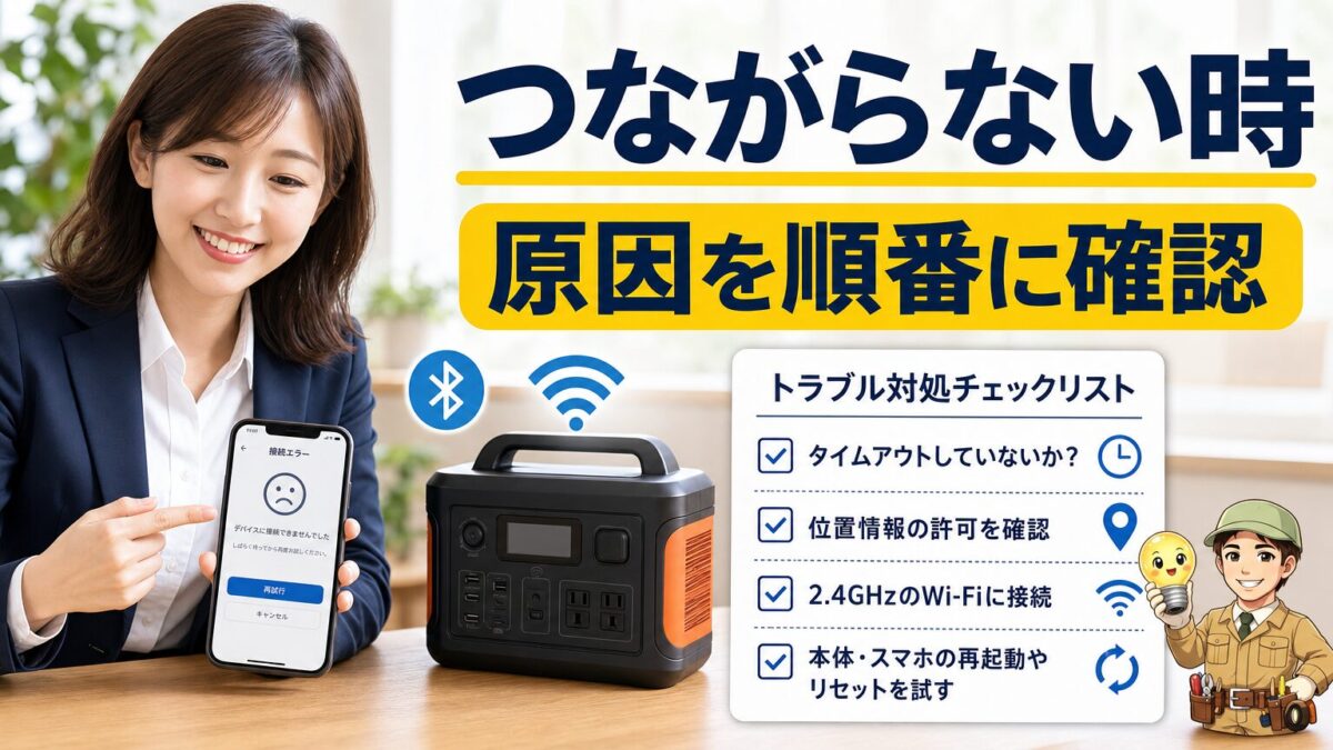 Jackeryアプリが接続できない時の原因確認と対処法を示すイメージ画像