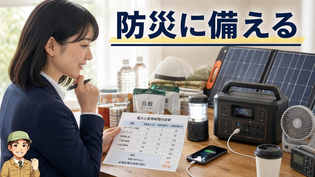 防災用にポータブル電源とソーラーパネルを選ぶ場面を表す画像