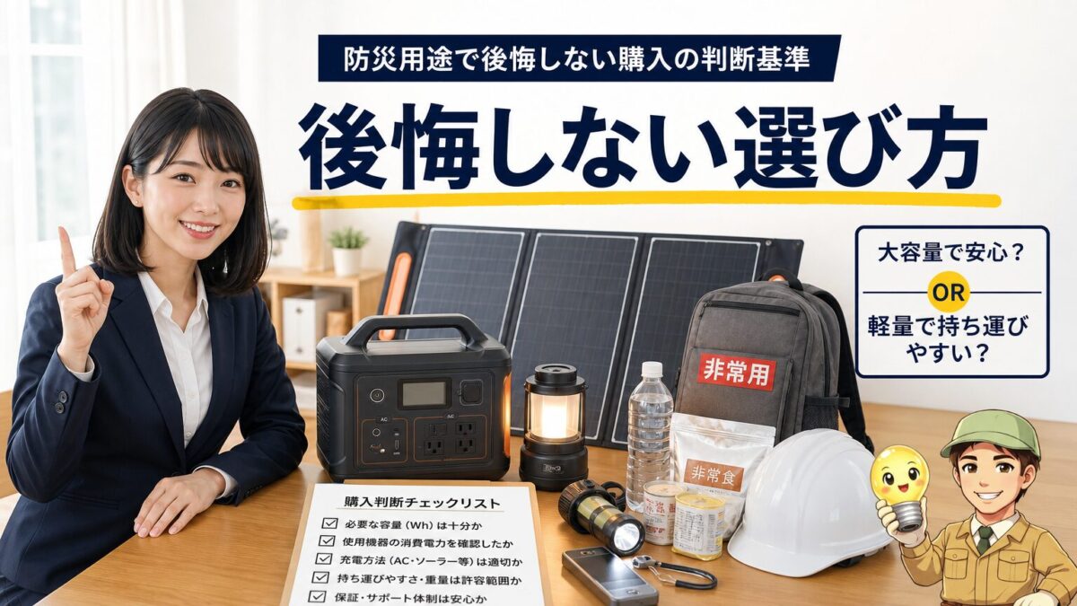 防災用途に合う容量や重さを考えて購入判断するイメージ