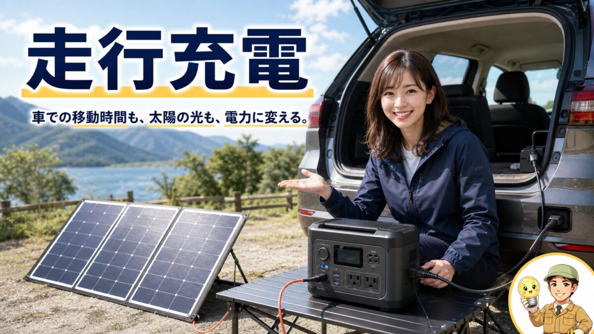 走行充電とソーラーパネルでポータブル電源を補充するイメージ