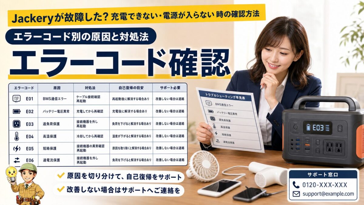 Jackeryのエラーコード別に原因と対処法を確認する画像