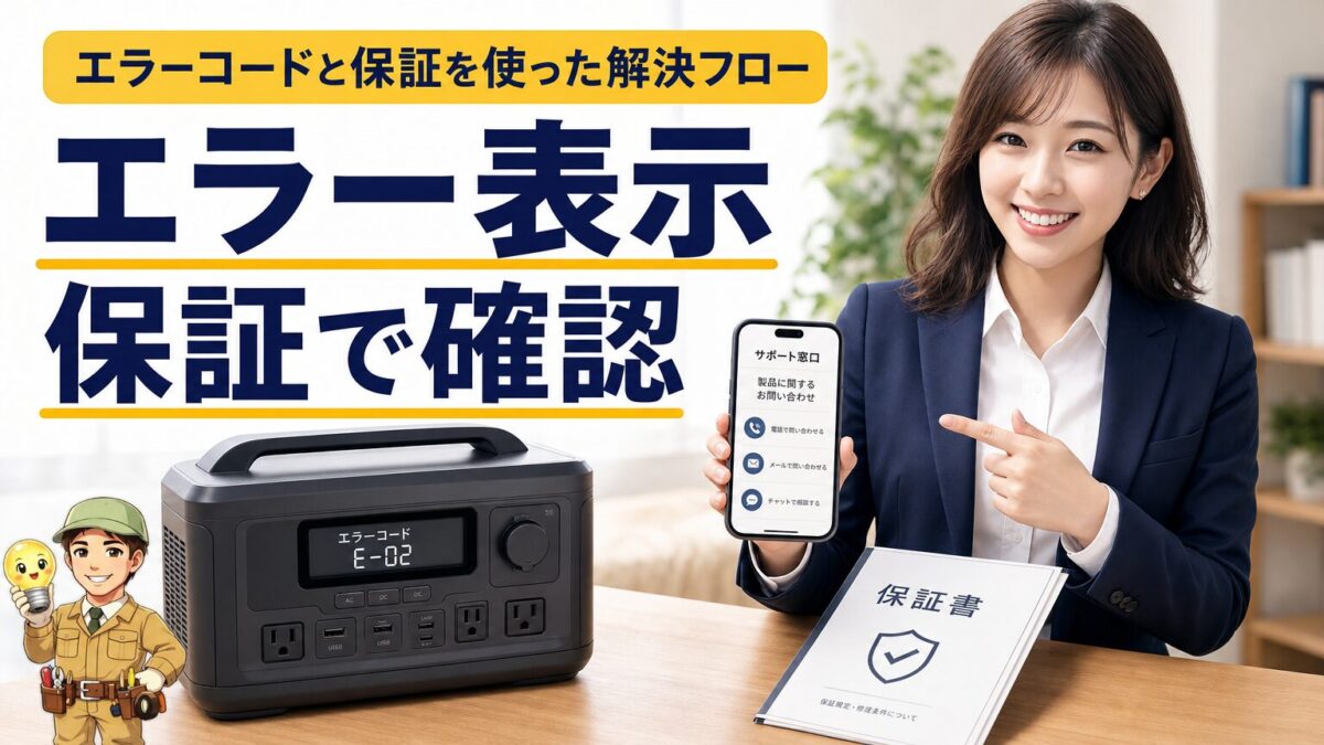 Jackeryのエラーコードと保証を使った解決フローを示す画像