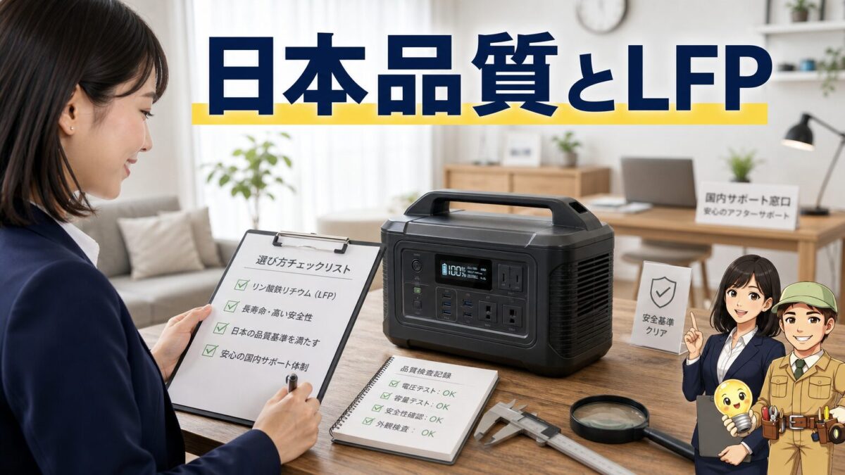 リン酸鉄リチウム搭載の日本製や日本メーカー製ポータブル電源を表す画像