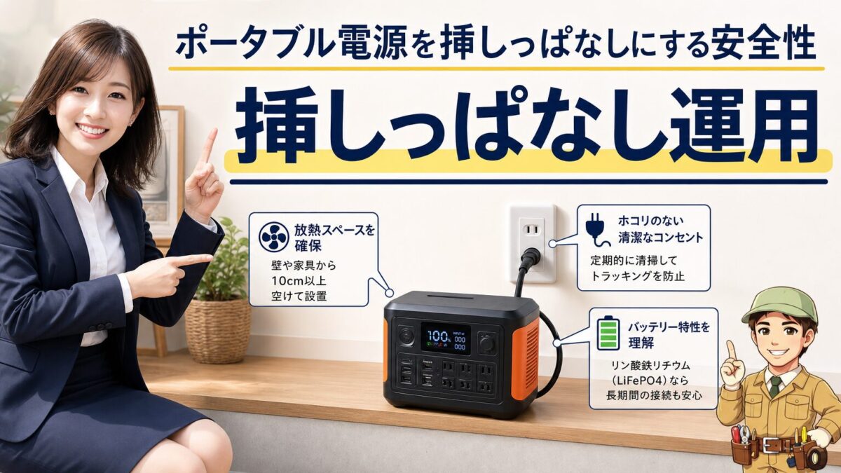 ポータブル電源を挿しっぱなしで安全に運用する場面の画像