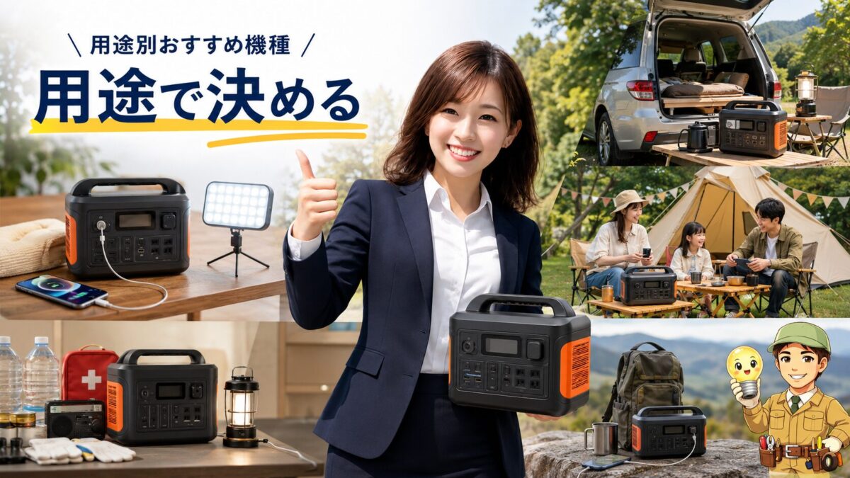 車中泊や防災など用途に合わせてポータブル電源を選ぶイメージ