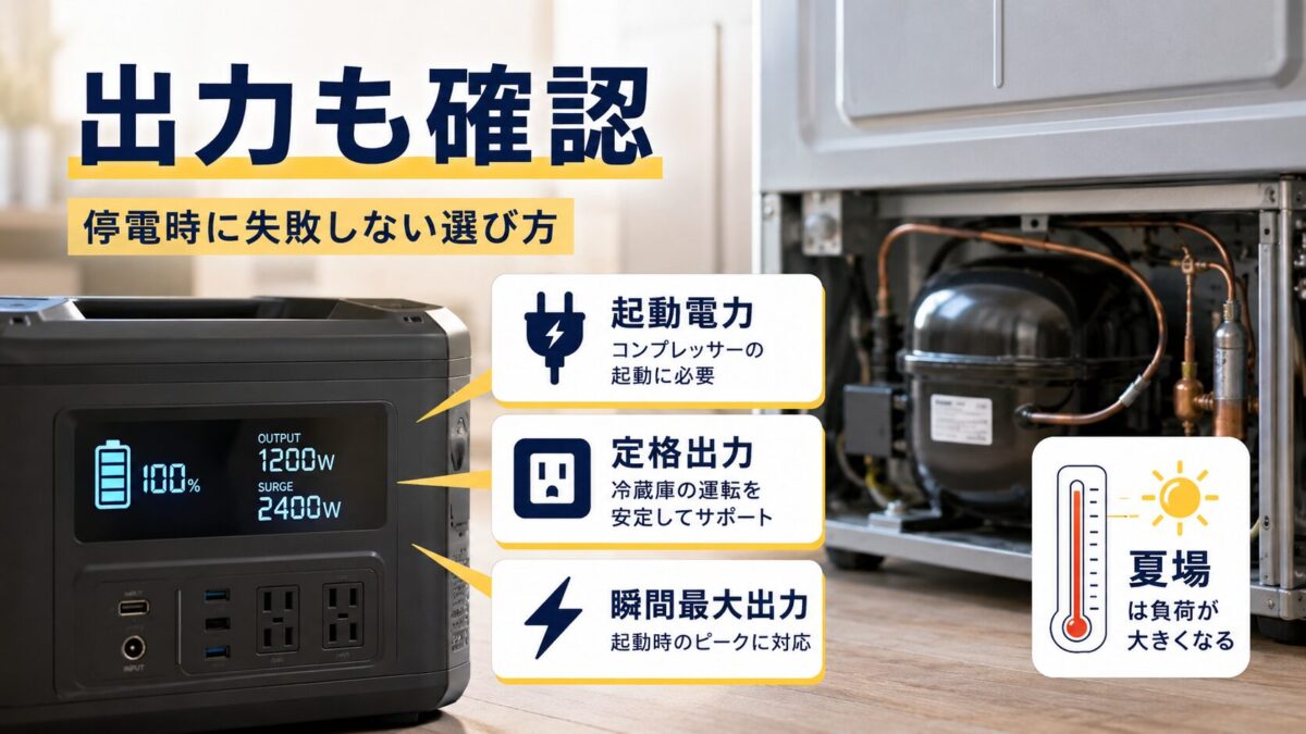 冷蔵庫用ポータブル電源を選ぶ際に容量だけでなく出力も確認する画像