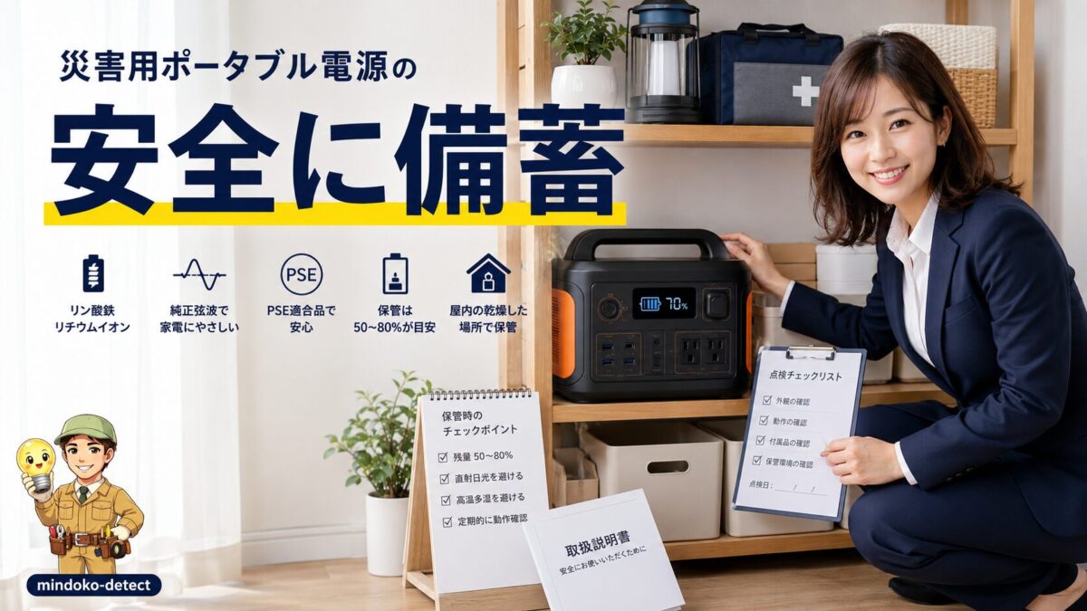 防災用ポータブル電源を安全に保管する基準を示す画像