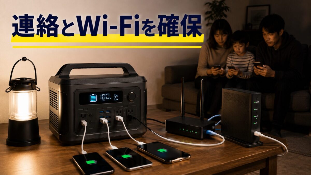 停電時にスマホ充電とルーター給電で通信環境を守るイメージ
