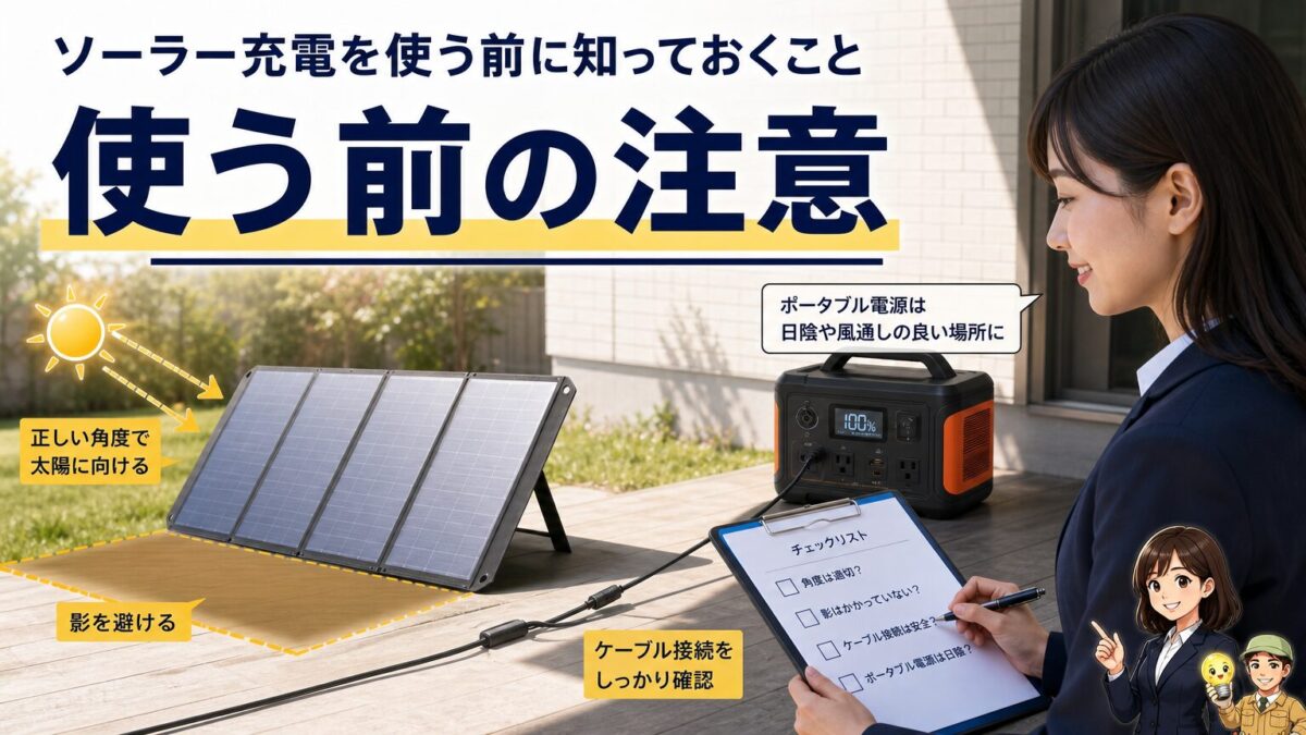 ソーラー充電を使う前に知っておく注意点を示す画像