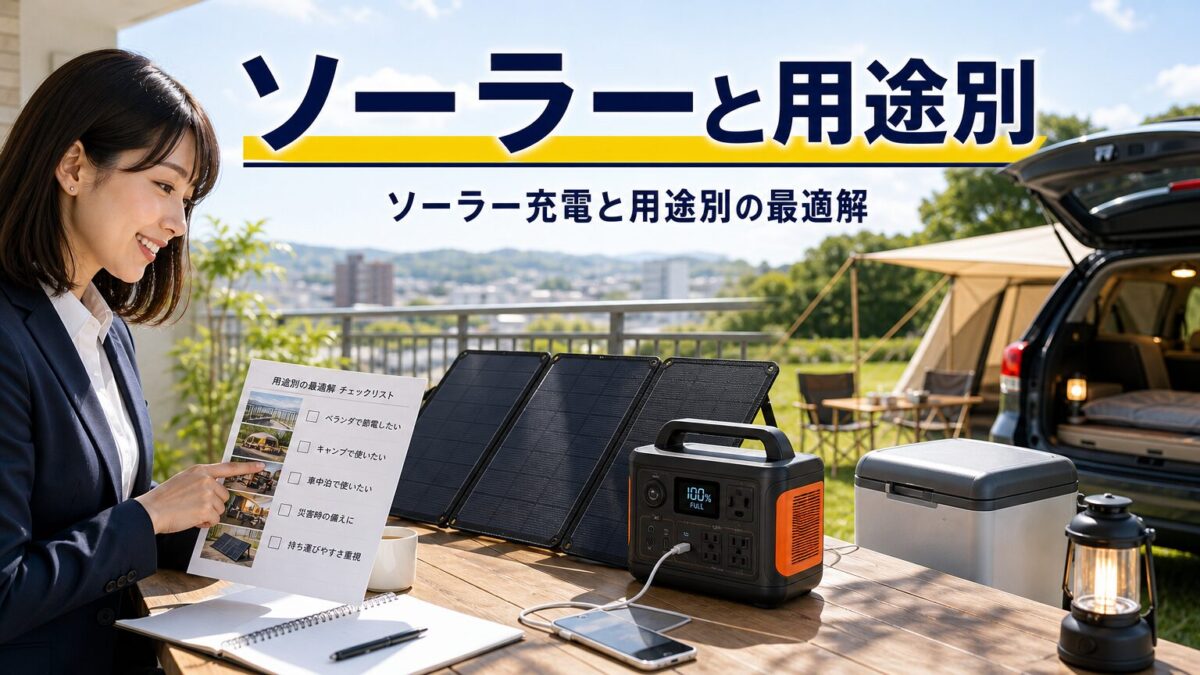 ソーラー充電と用途別のポータブル電源選びを表した画像