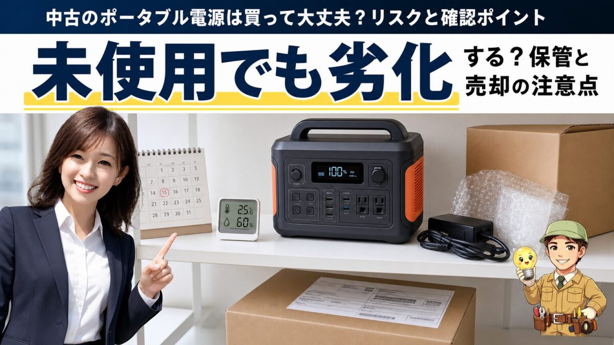 未使用ポータブル電源の劣化と保管売却の注意点を示す画像