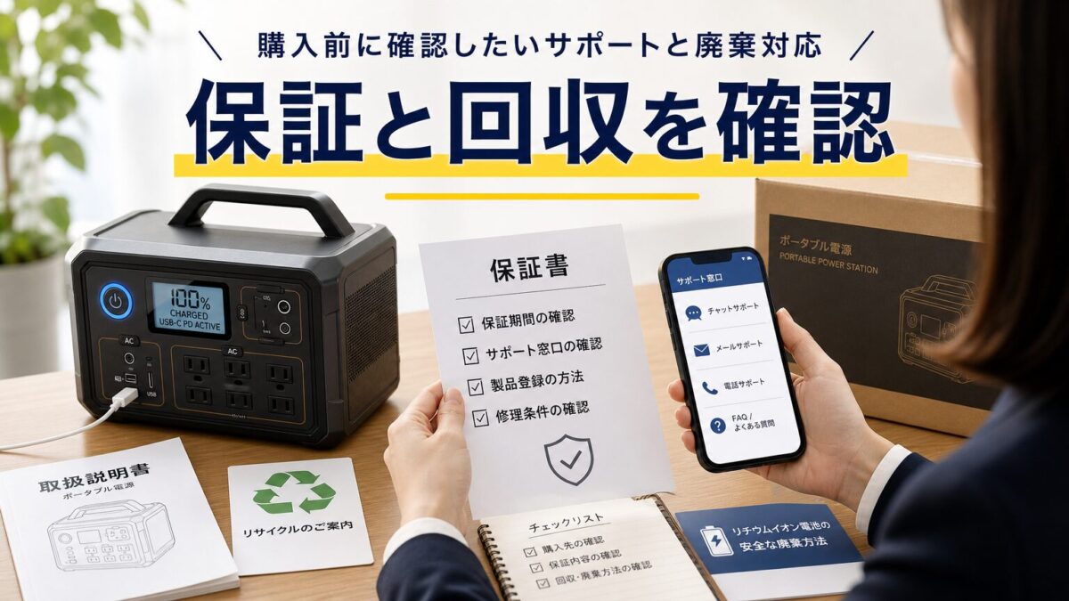 ポータブル電源の保証サポートと回収対応を確認する画像