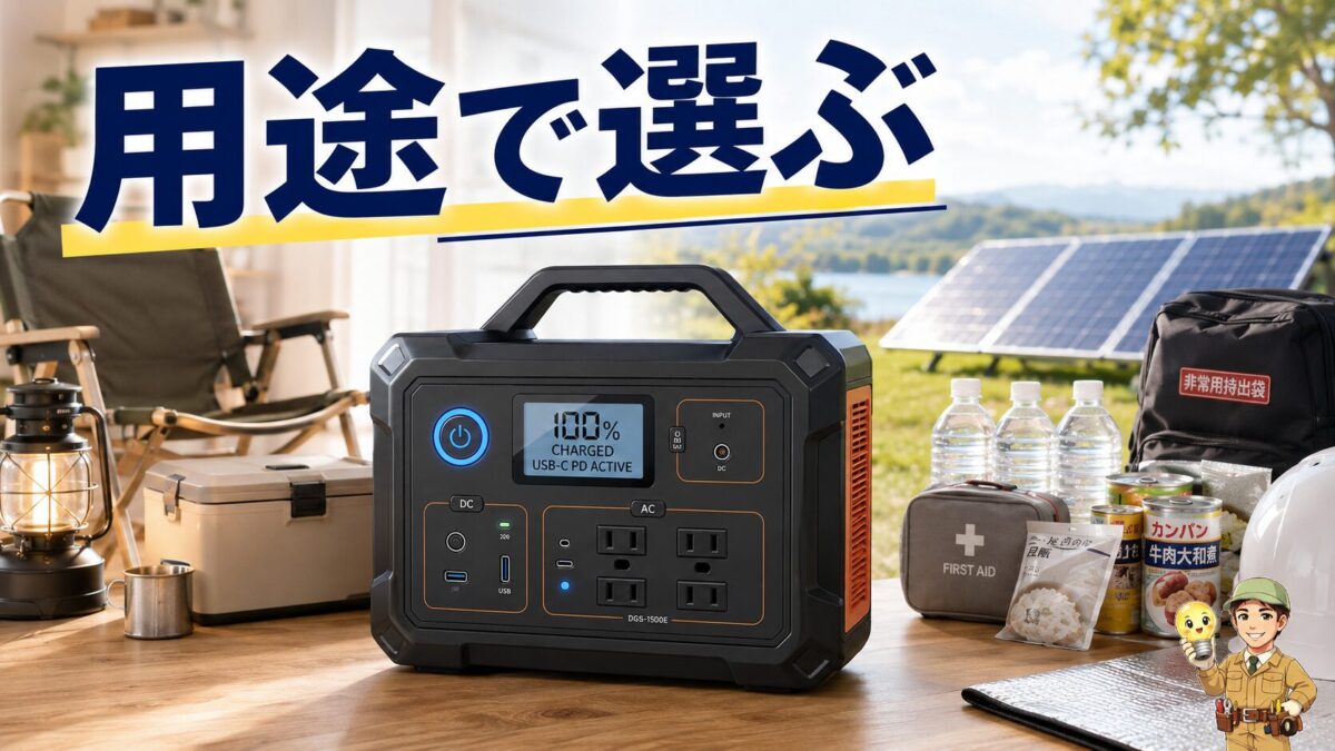 キャンプ、防災、ソーラー充電など用途別にポータブル電源を選ぶ場面を表現した画像
