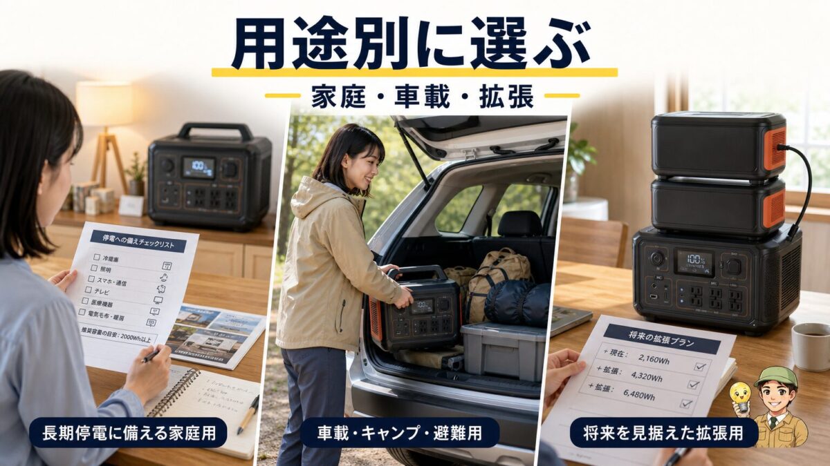 用途や予算に合わせて大型ポータブル電源を選ぶ場面を表した画像
