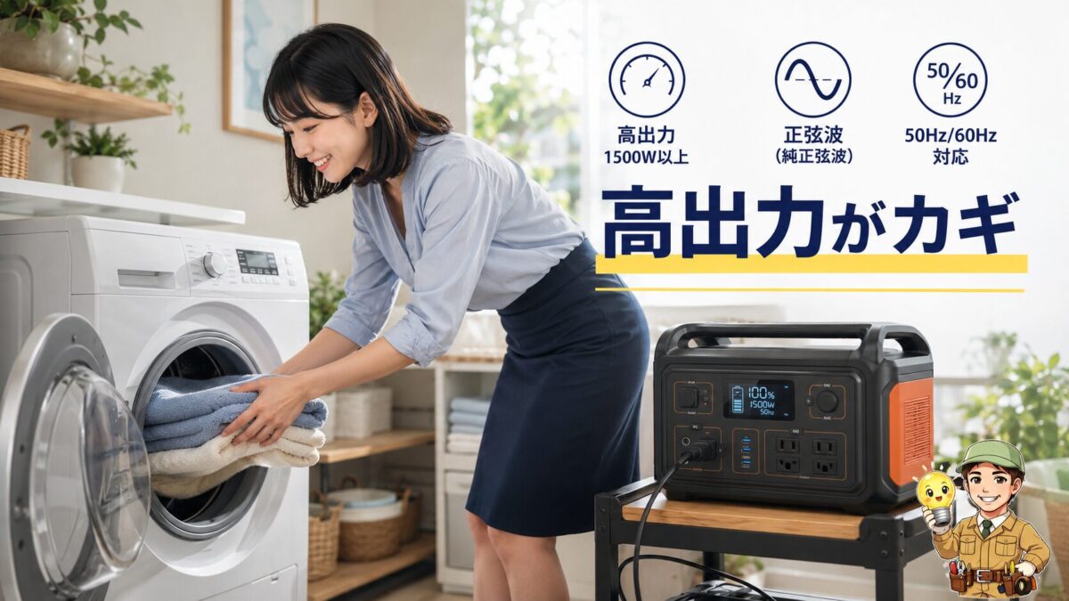 洗濯機を動かすために高出力ポータブル電源が必要なことを示す画像