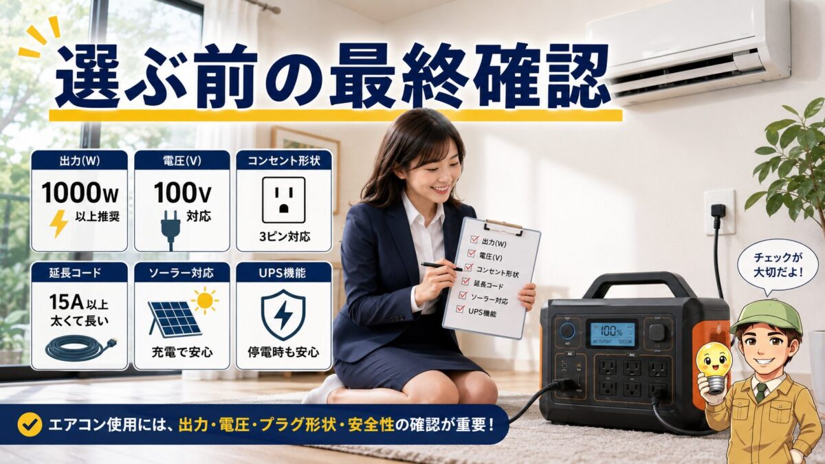 エアコン用ポータブル電源を選ぶ前に出力や電圧を確認する様子