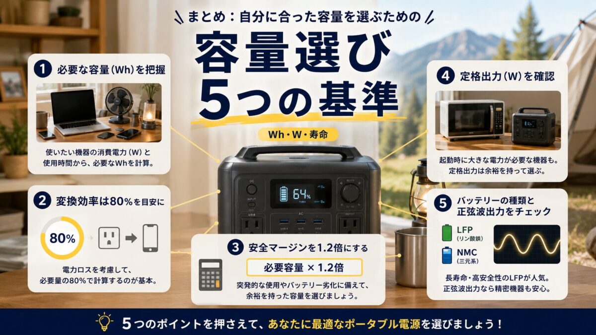 

ポータブル電源の容量選びで確認する5つの基準をまとめた画像
