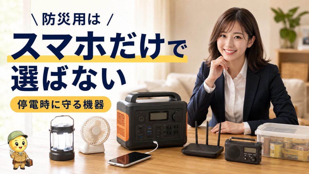 防災用ポータブル電源はスマホ充電だけでなく照明や通信機器も含めて選ぶことを示す画像
