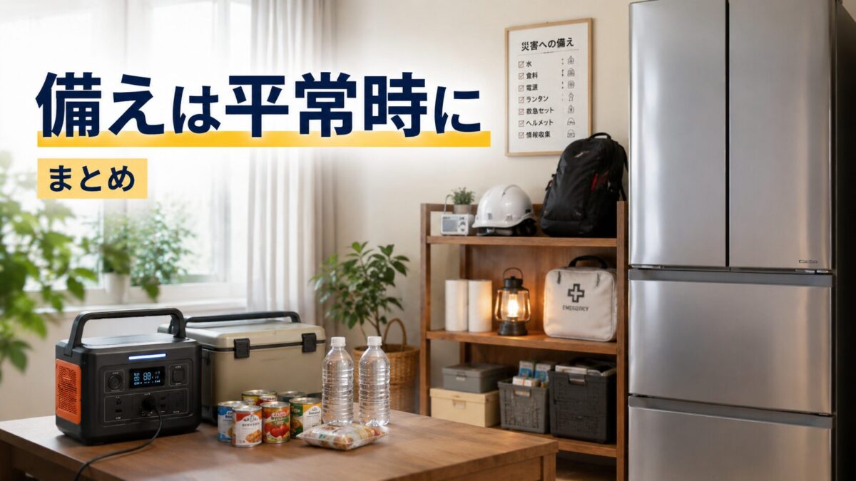 停電前に冷蔵庫とポータブル電源の備えを整える様子を表した画像