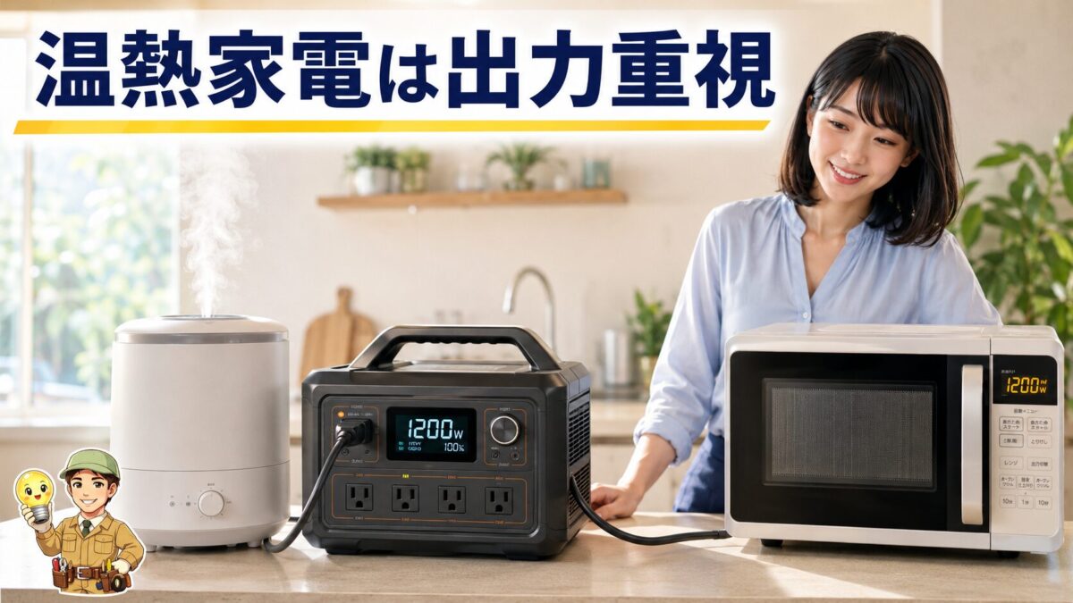 電子レンジや加湿器など温める家電には出力に余裕が必要なことを示す画像