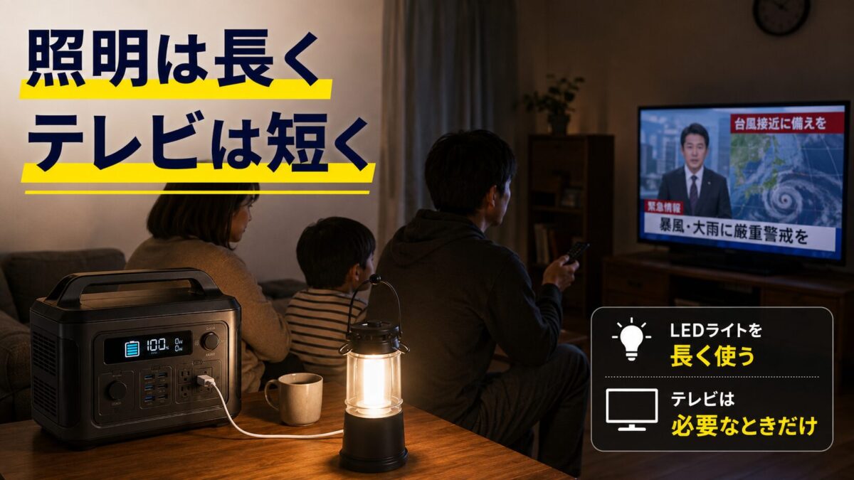 停電時にLEDライトとテレビをポータブル電源で使い分けるイメージ