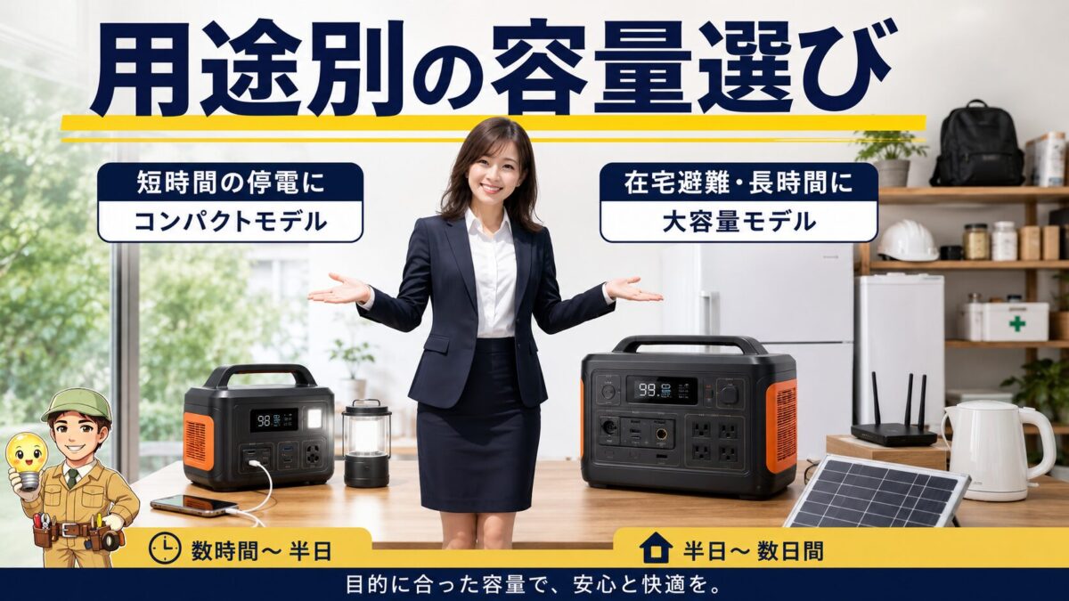短期停電と在宅避難で異なるおすすめ容量を比較する画像