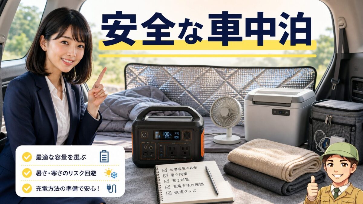 容量選びと保管対策を整えた安全な車中泊電源セットのイメージ