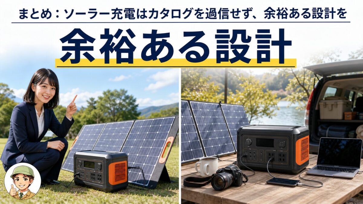 カタログ値を過信せず余裕を持ってソーラー充電を設計するイメージ画像