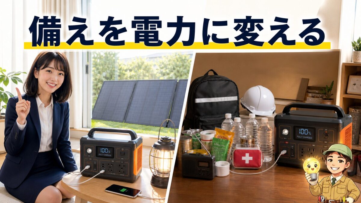 ポータブル電源とソーラーパネルで安心できる防災備蓄を整えたイメージ