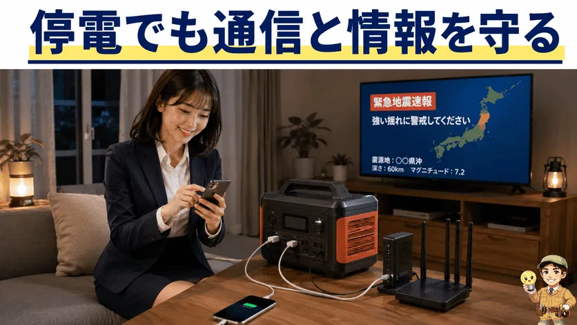 停電時にWi-Fiルーターとテレビをポータブル電源で守る画像