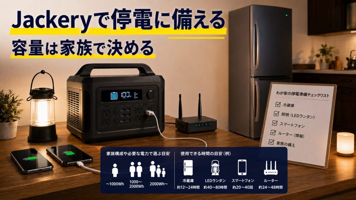 家族の停電対策に必要な容量を考えてポータブル電源を選ぶイメージ