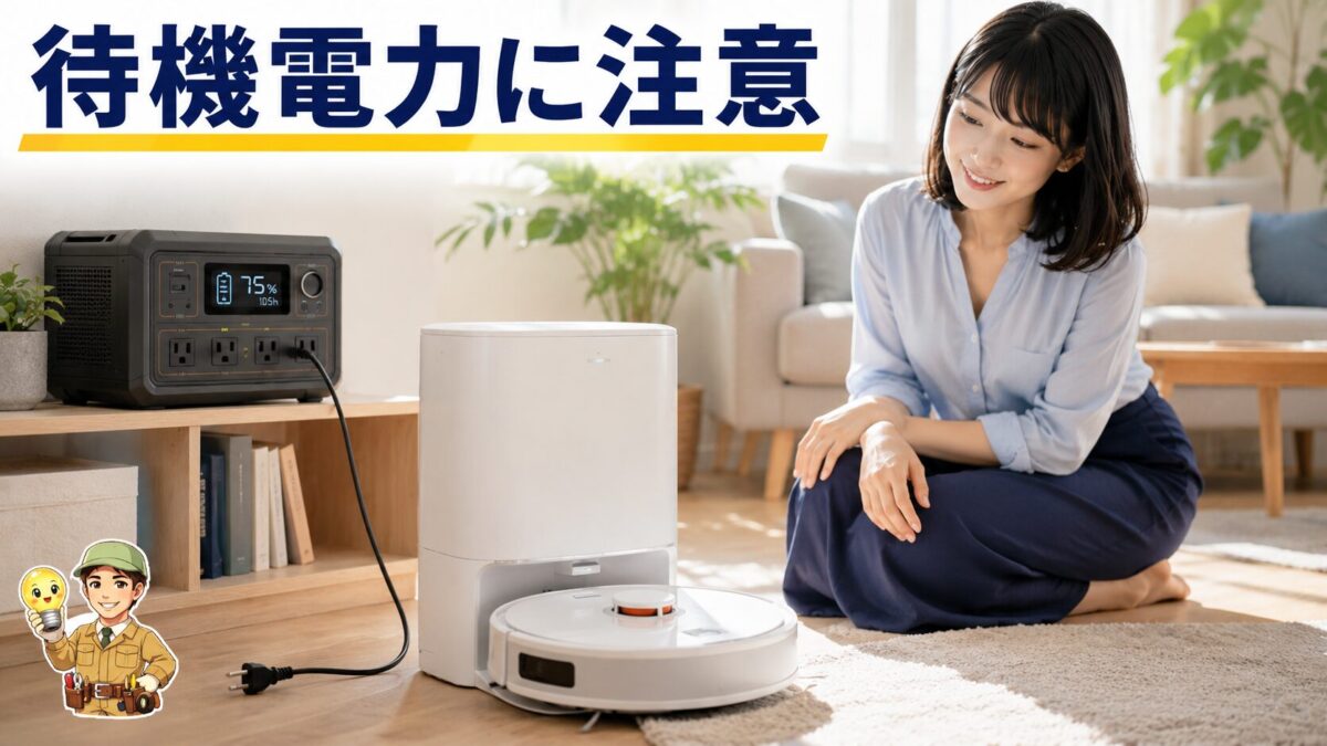 ロボット掃除機をポータブル電源で使う際の待機電力対策を表す画像