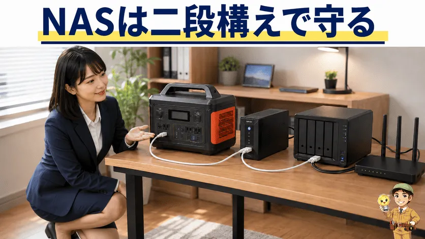 NASを専用UPSとポータブル電源で安全に守る構成の画像