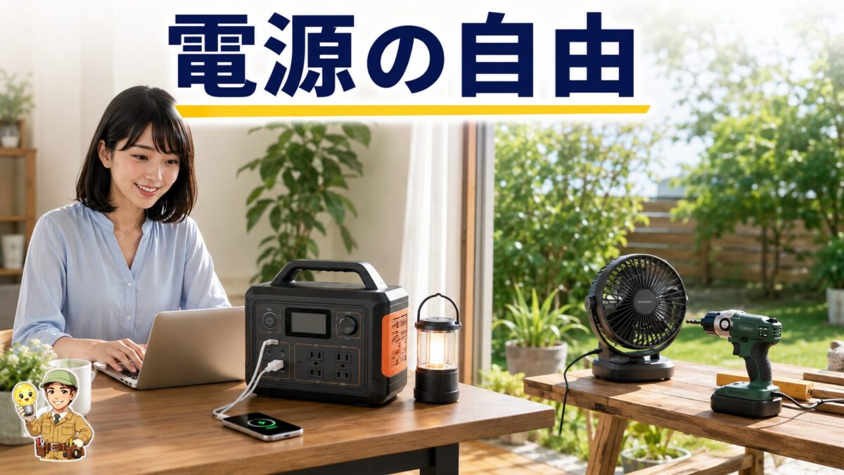 在宅ワークや防災やキャンプでポータブル電源を活用する場面を示す画像