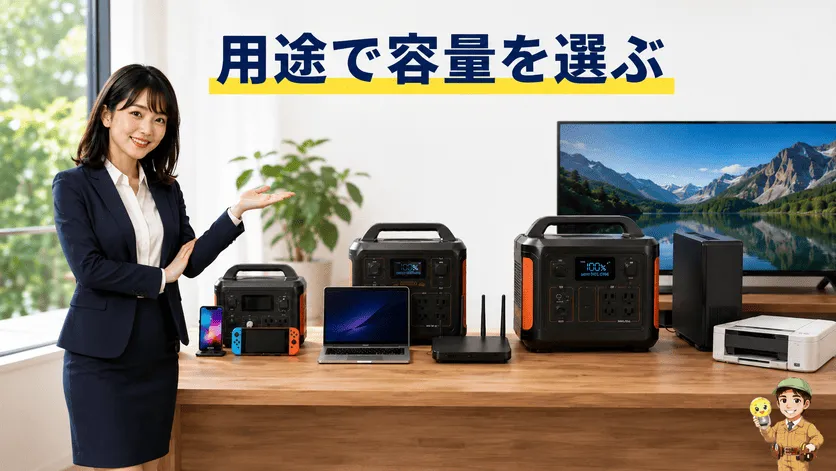 用途別に最適なポータブル電源の容量を選ぶイメージ