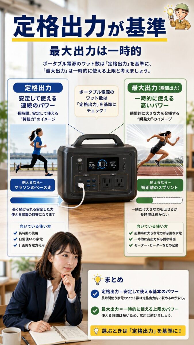 定格出力と最大出力の違いを比較した縦型画像