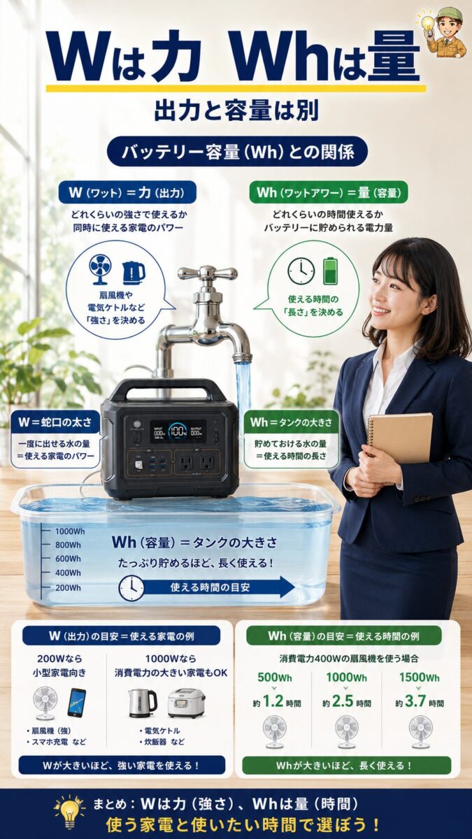 Wは動かす力でWhは使える量を表す縦型画像