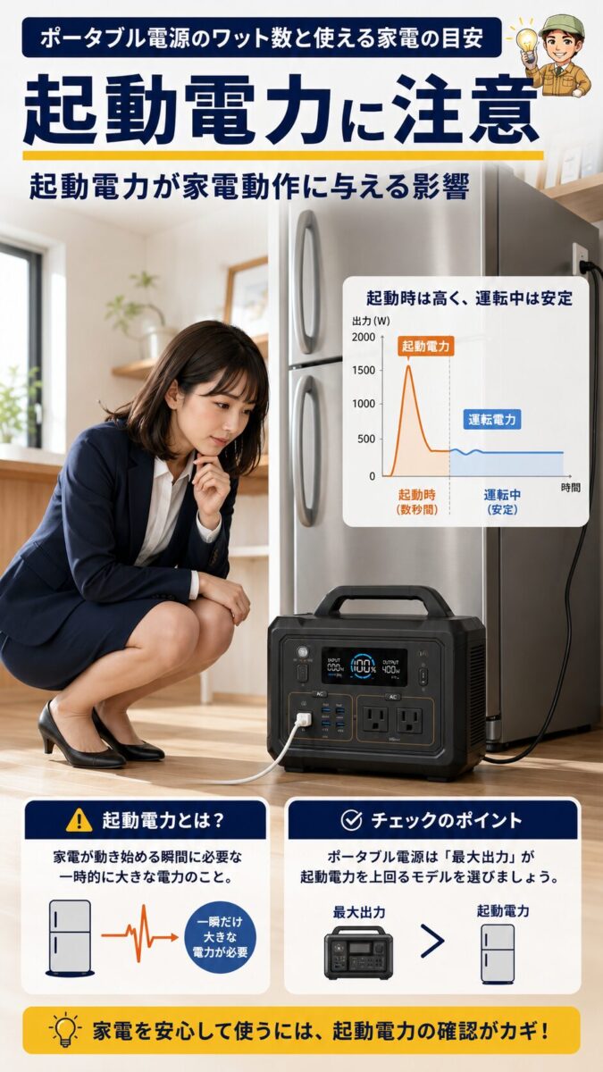冷蔵庫の起動電力に注意する必要性を示した縦型画像