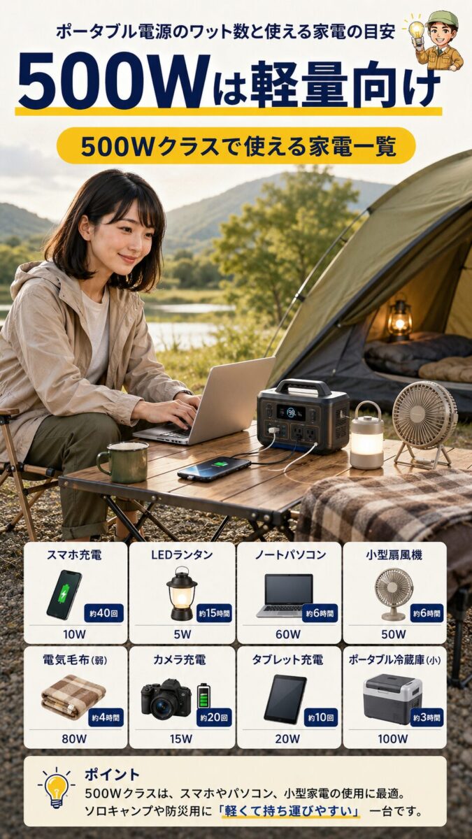 500Wクラスで使える小型家電を示した縦型画像