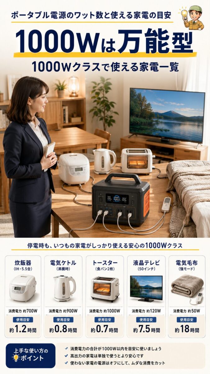 1000Wクラスで調理家電や生活家電を使う様子の縦型画像