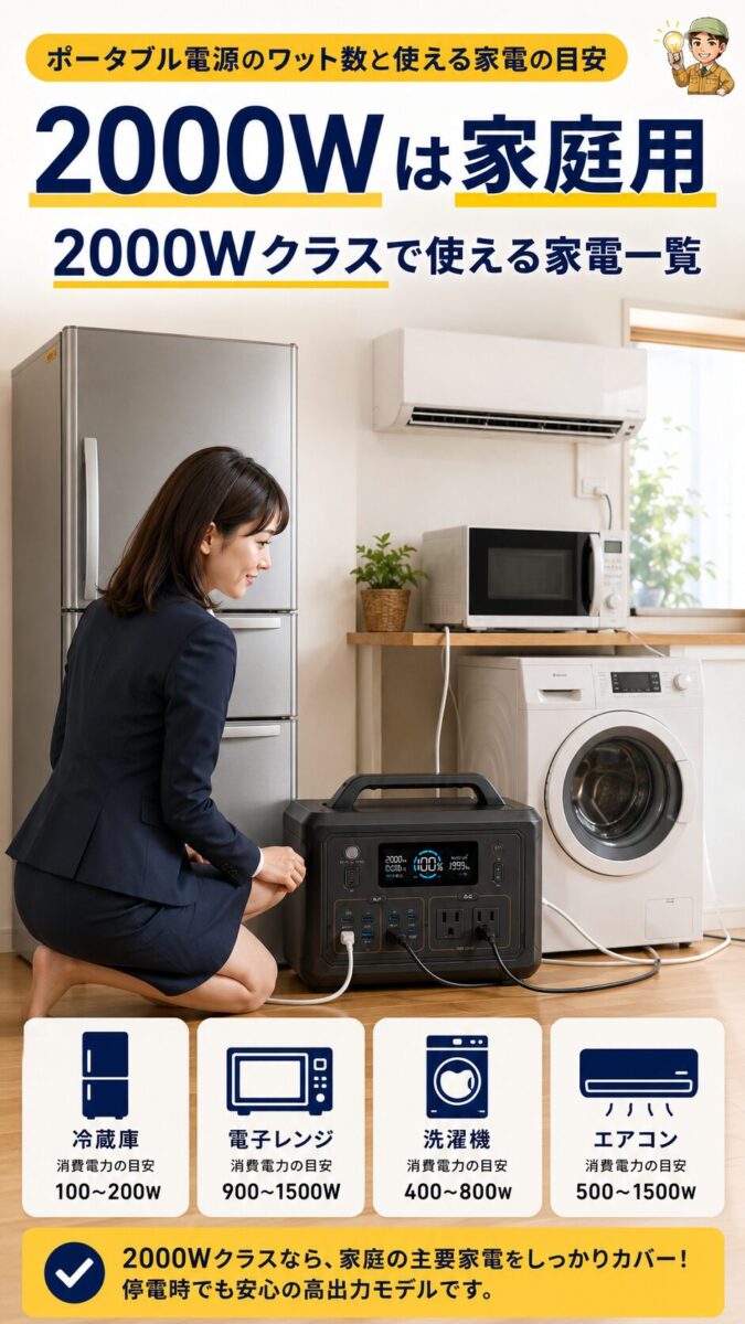 2000Wクラスで冷蔵庫や電子レンジを使えることを示す縦型画像