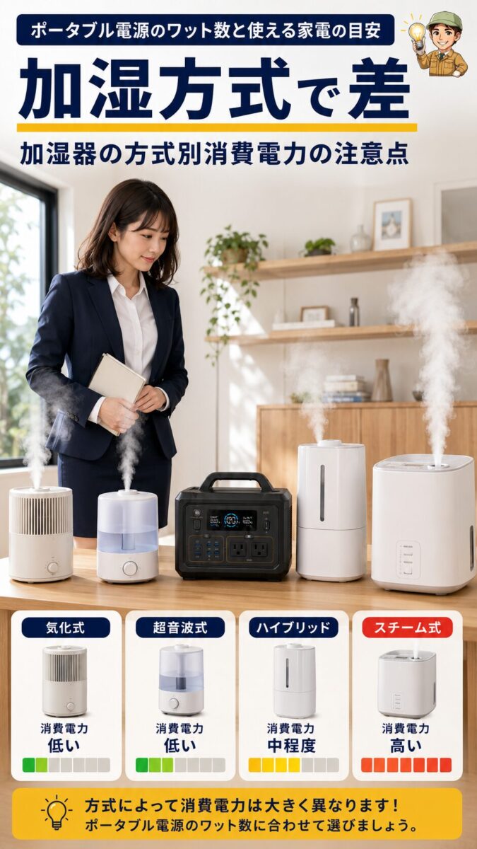加湿器の方式による消費電力の違いを示した縦型画像