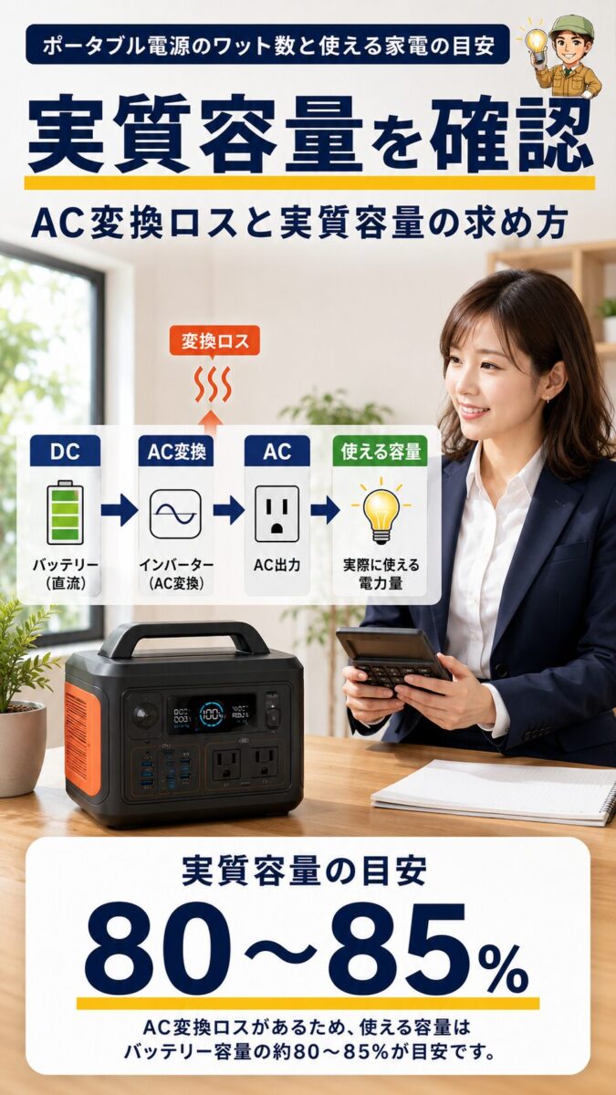AC変換ロスで実質容量が減る仕組みを示した縦型画像