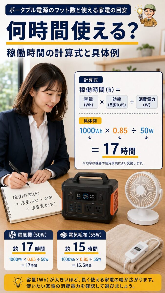 ポータブル電源で家電が何時間使えるかを計算する縦型画像