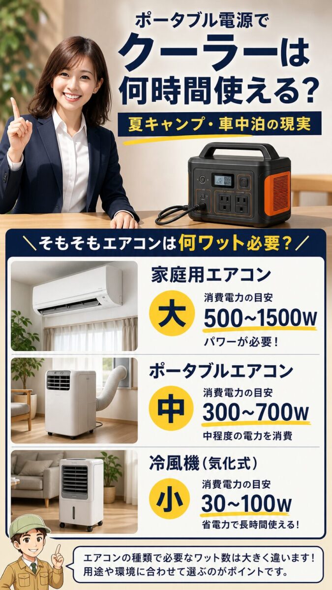 家庭用エアコンやポータブルエアコンの必要ワット数の違いを示す画像