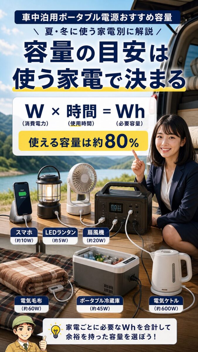 使う家電の消費電力と時間から必要容量を考えるイメージ