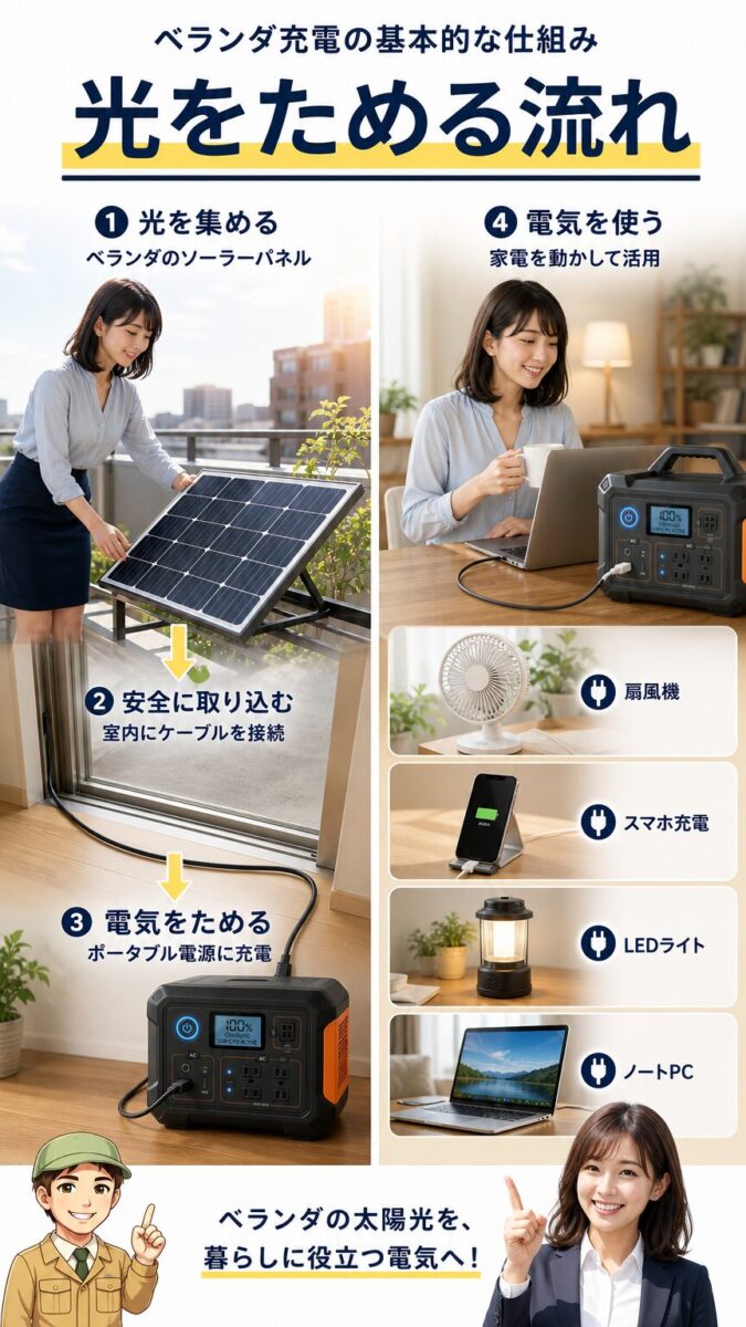 ベランダのソーラーパネルから室内のポータブル電源へ充電する流れの画像