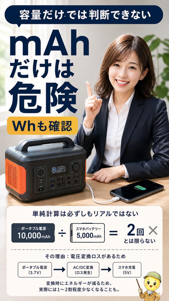 ポータブル電源の容量表示だけではスマホ充電回数を正確に判断できないことを示す縦型画像