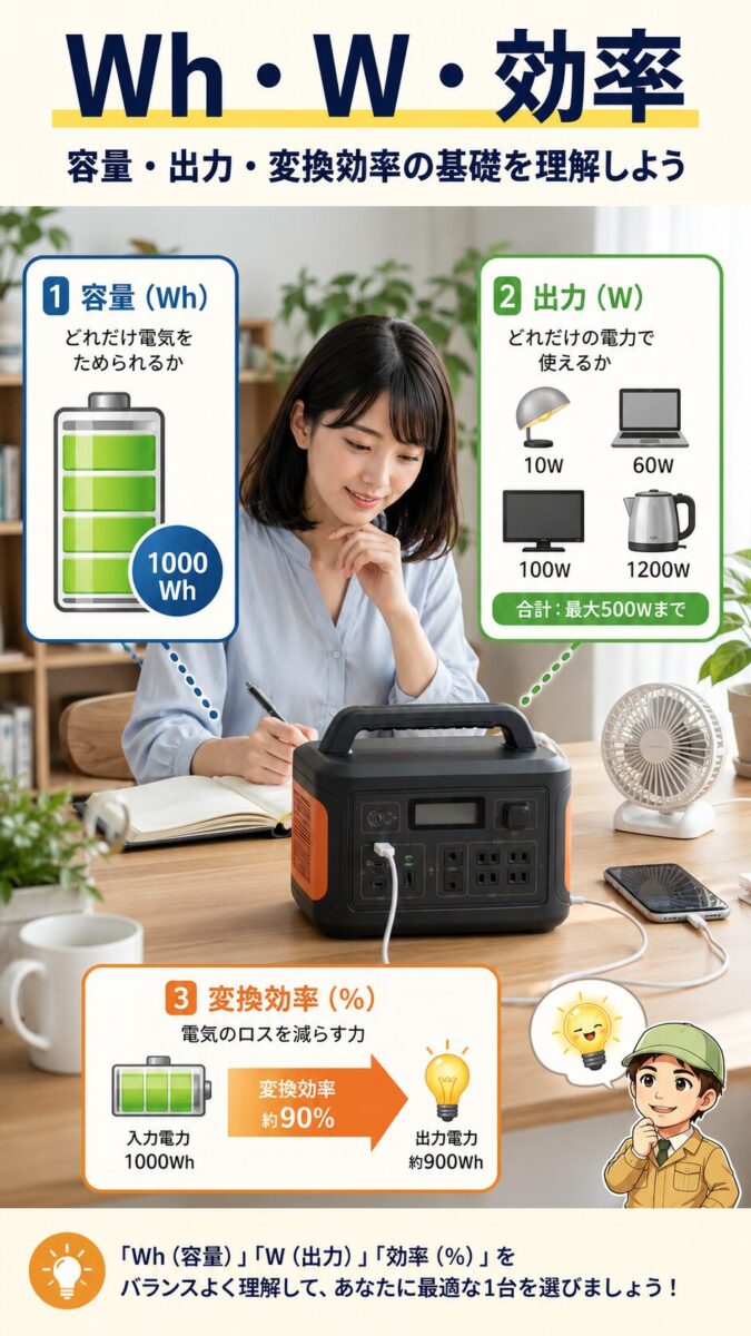 容量Whと出力Wと変換効率の違いをポータブル電源で説明する縦型画像